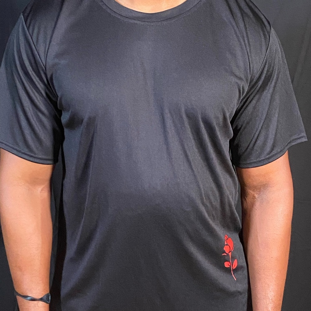 Shein black shirt w/ red rose.